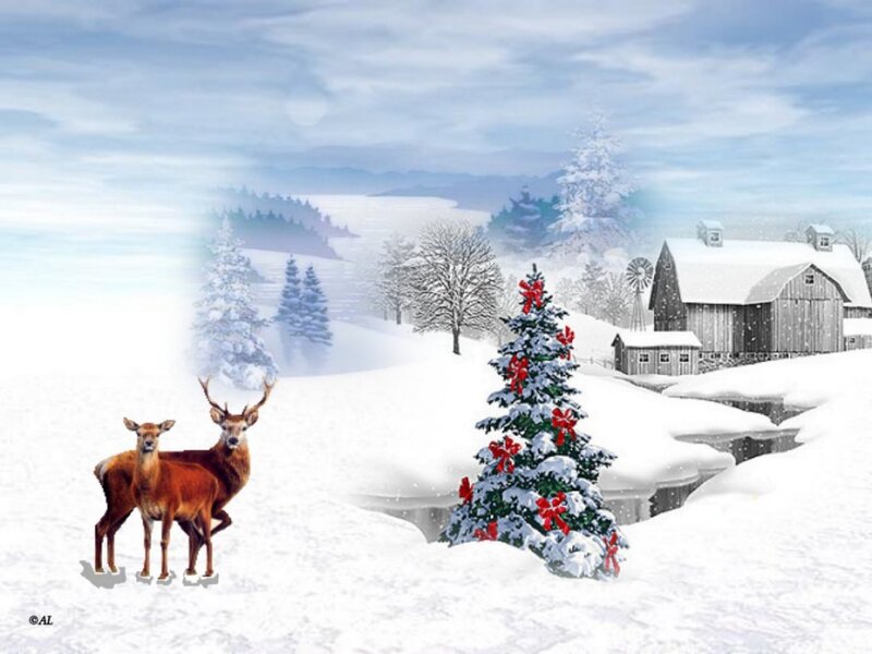 Deer in Snow — White, Peaceful, Winter, Digital Art