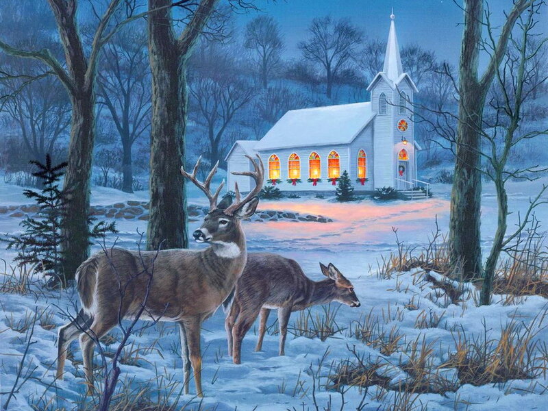 Deer in Snow — White, Serene, Winter, Painting