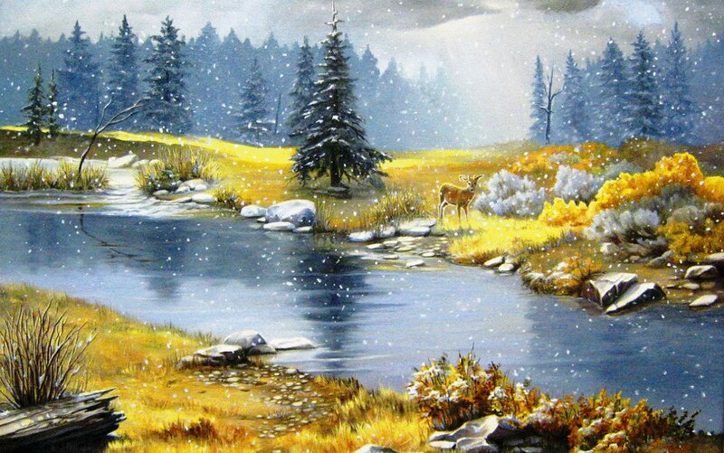Deer in Snowy Field — Blue, Serene