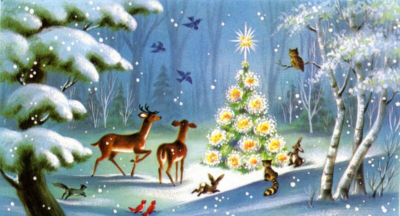 Deer in Snowy Forest — Blue, Peaceful