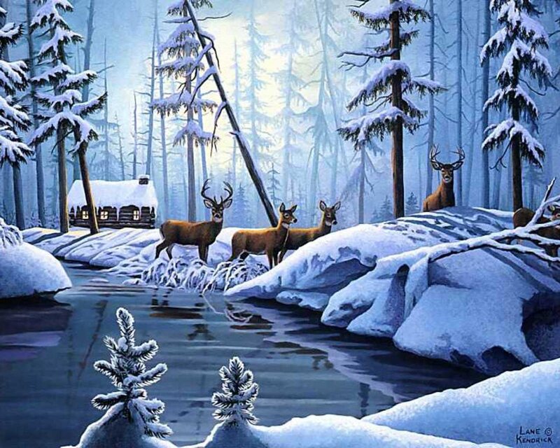 Deer in Snowy Forest — Blue, Serene