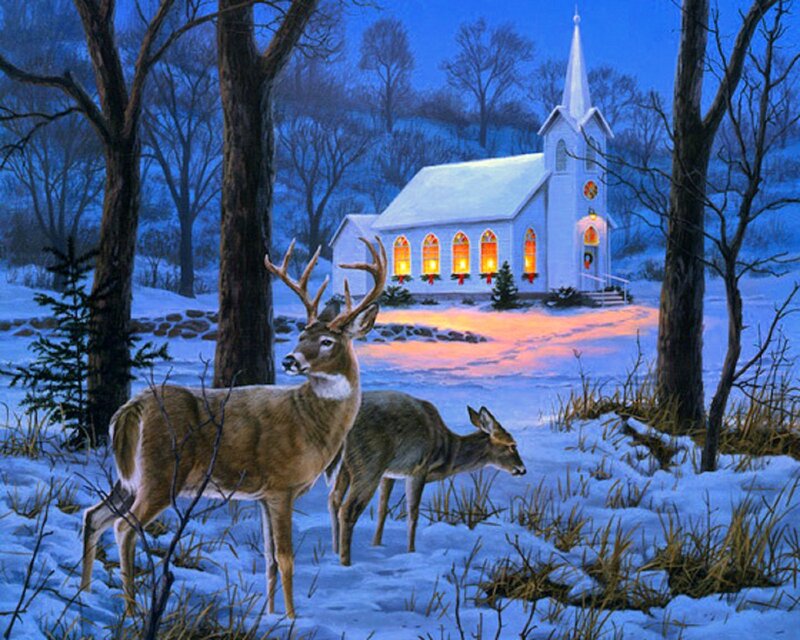 Deer in Snowy Forest — Blue, Serene, Winter, Painting, Church