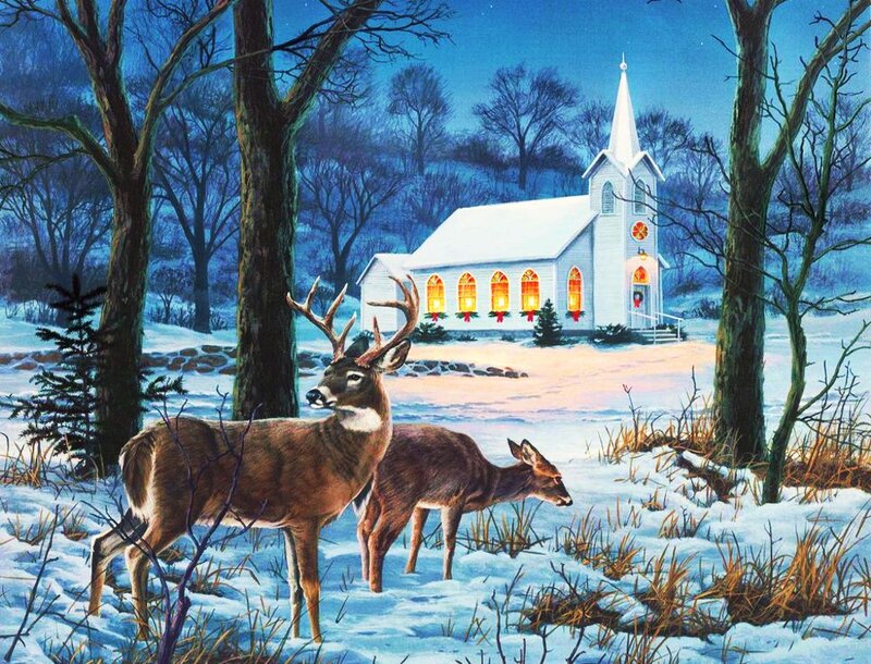 Deer in Snowy Forest — Blue, Serene, Winter, Painting