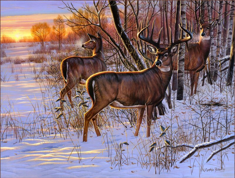 Deer in Snowy Forest — Brown, Serene, Winter, Painting, Snow, Trees, Sunset