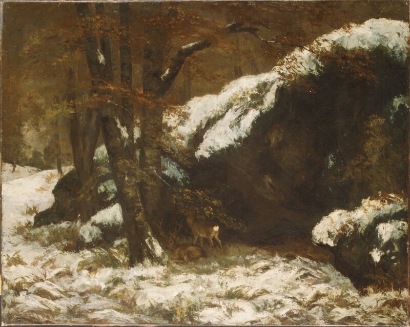 Deer in Snowy Forest — Brown, Serene, Winter, Painting, Trees, Snow, Rock