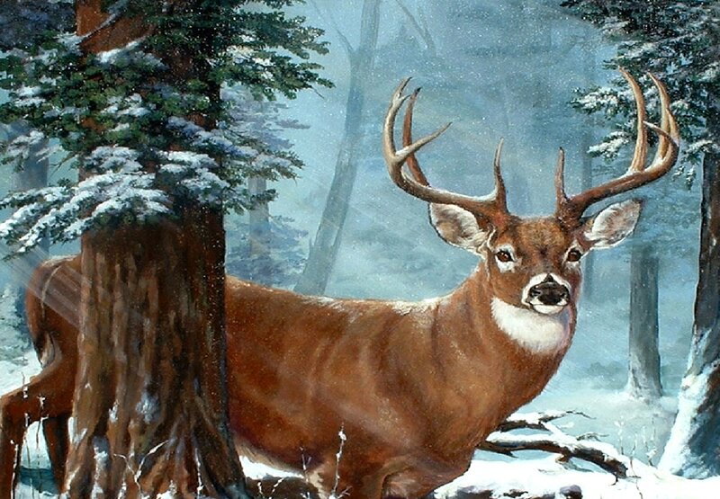 Deer in Snowy Forest — Brown, Serene, Winter, Painting, Trees, Snow