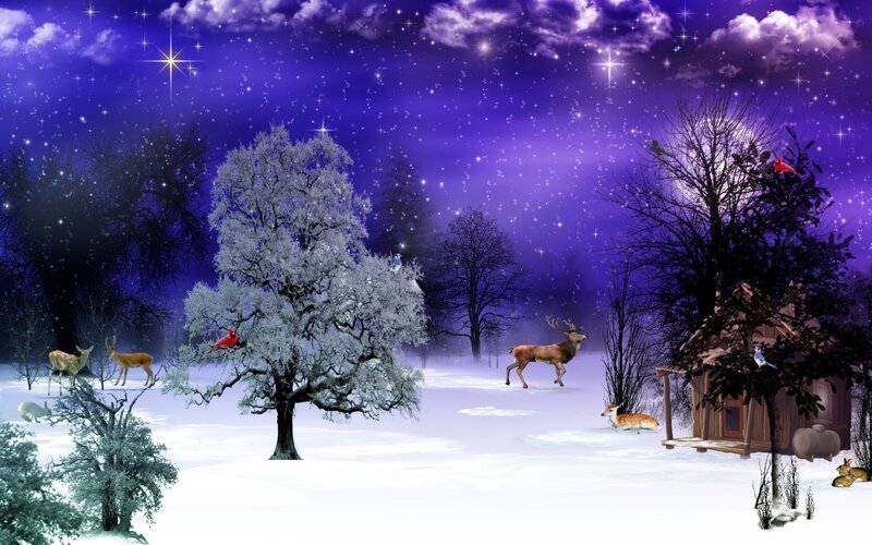 Deer in Snowy Forest — Purple, Serene, Night