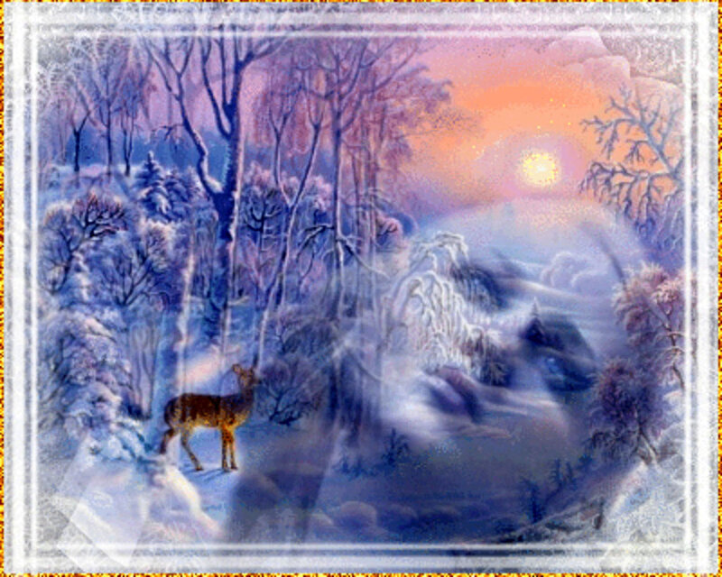 Deer in Snowy Forest — Purple, Serene