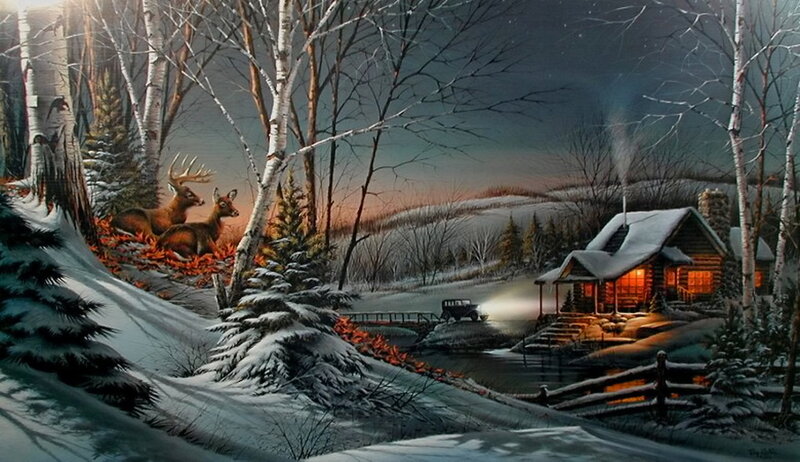Deer in Snowy Forest — White, Serene, Night, Painting