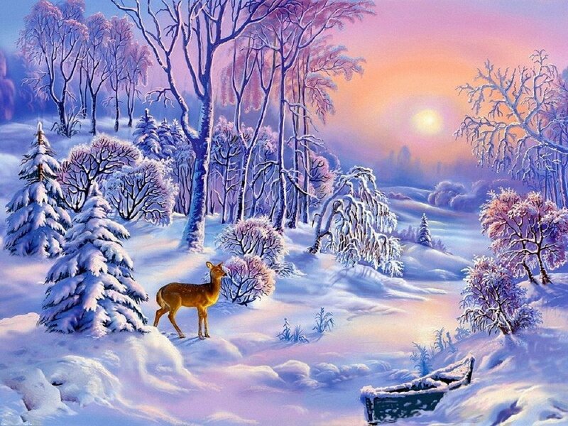 Deer in Snowy Forest — White, Serene, Sunset, Painting