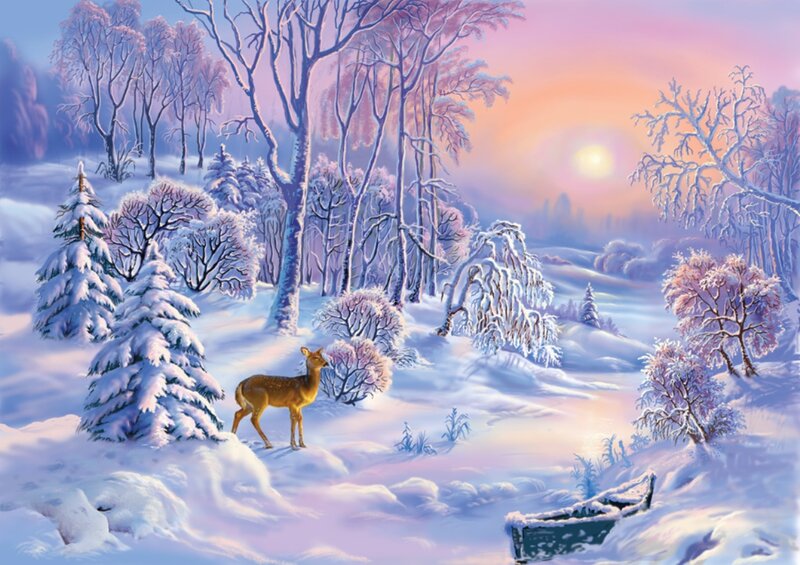 Deer in Snowy Forest — White, Serene, Sunset