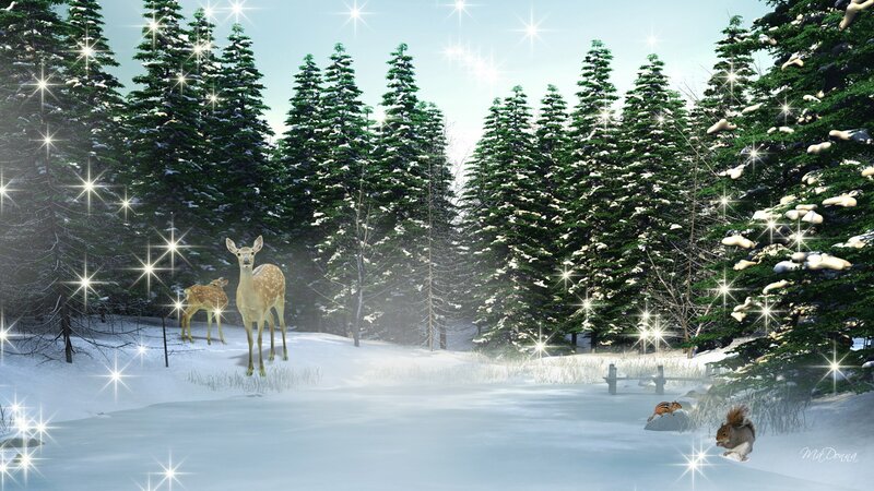 Deer in Snowy Forest — White, Serene, Winter, Digital Art