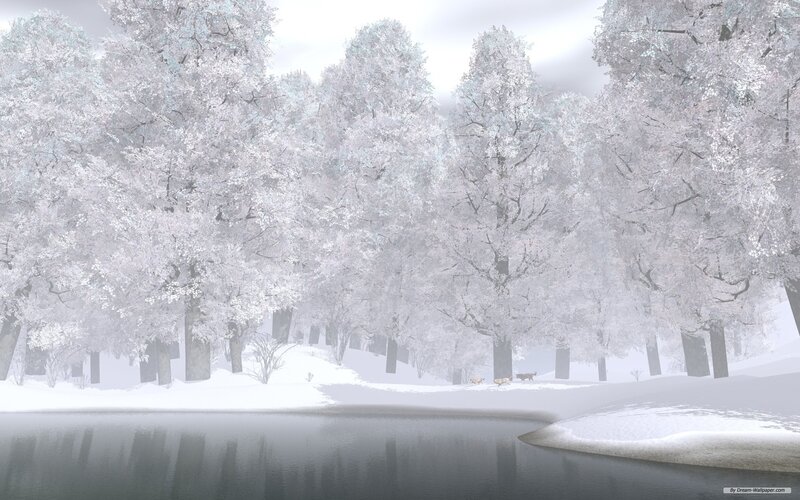 Deer in Snowy Forest — White, Serene, Winter, Digital Art, Trees