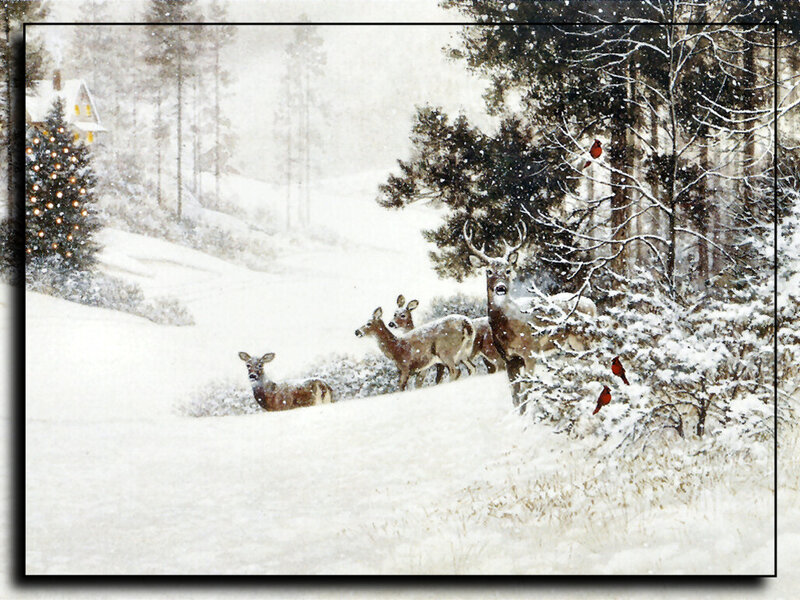 Deer in Snowy Forest — White, Serene, Winter, Painting, Cardinal Birds