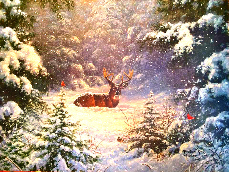 Deer in Snowy Forest — White, Serene, Winter, Painting, Cardinal, Snow
