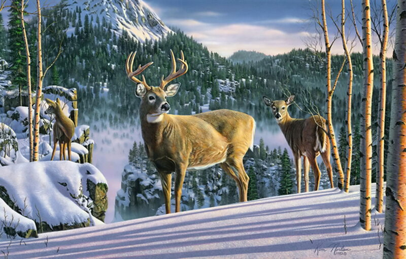 Deer in Snowy Forest — White, Serene, Winter, Painting, Mountains, Birch Trees