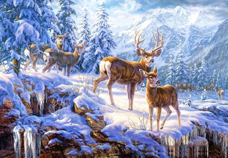 Deer in Snowy Forest — White, Serene, Winter, Painting, Mountains, Trees, Snow