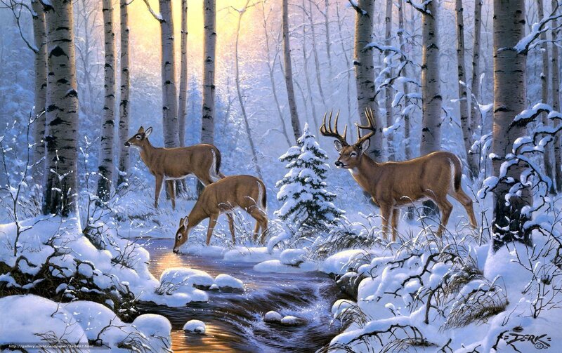 Deer in Snowy Forest — White, Serene, Winter, Painting, Stream, Birch Trees, Snow