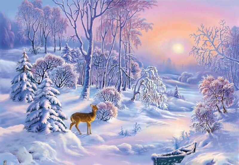 Deer in Snowy Forest — White, Serene, Winter, Painting