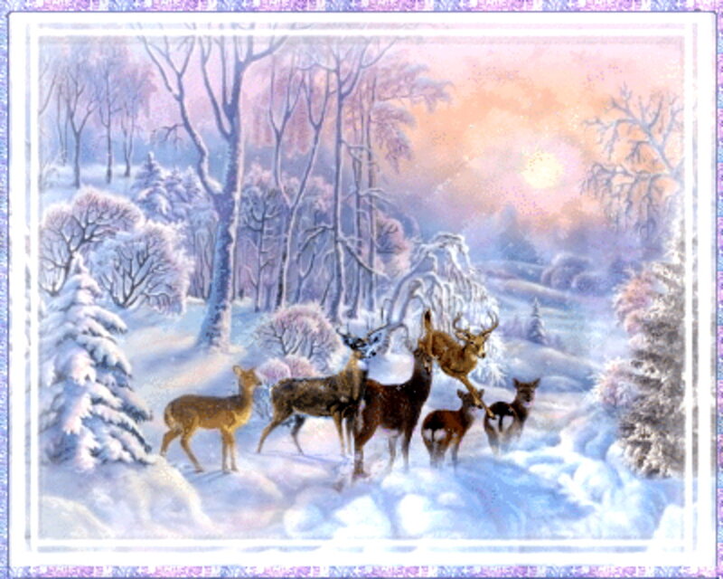 Deer in Snowy Forest — White, Serene, Winter, Painting, Trees, Snow, Sun