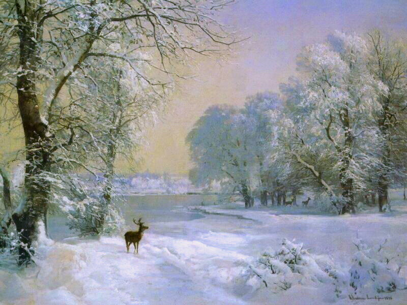 Deer in Snowy Forest — White, Serene, Winter, Painting, Trees