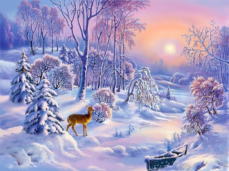 Deer in Snowy Forest — White