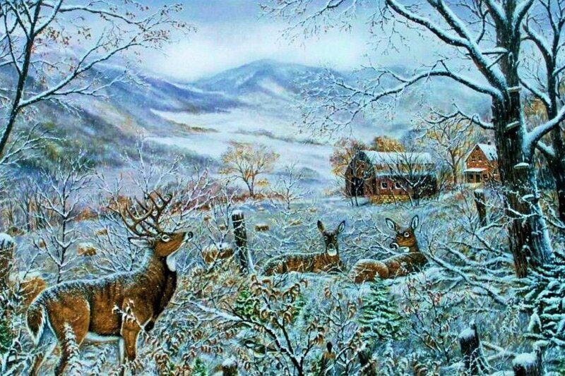 Deer in Snowy Landscape — White, Serene, Winter, Painting, Mountains