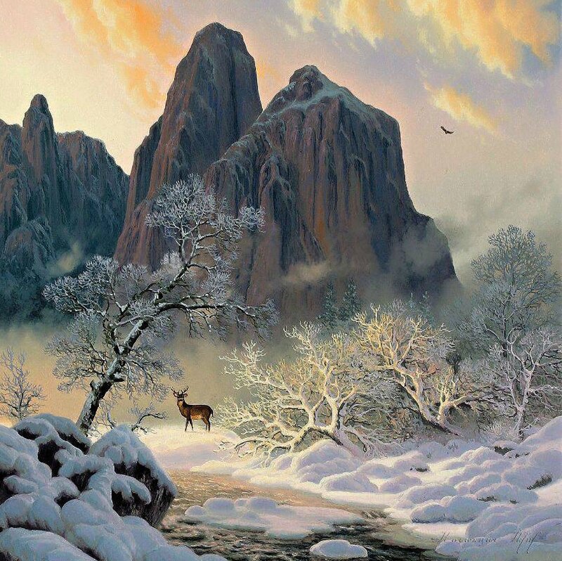 Deer in Snowy Landscape — White, Serene, Winter, Painting, Mountains, Trees