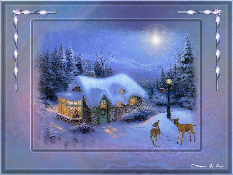 Deer in Snowy Village — Blue