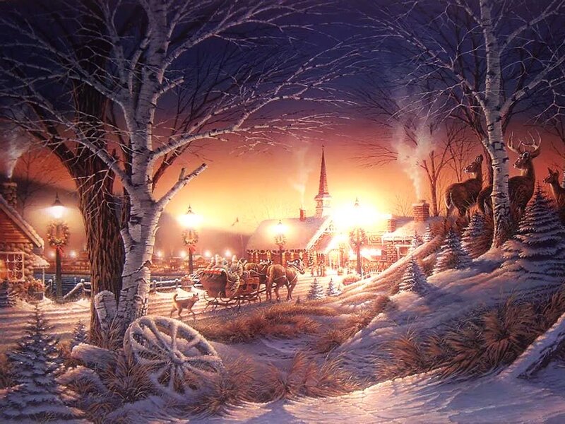 Deer in Snowy Village — White, Peaceful
