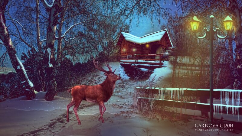 Deer in Winter Forest — Blue, Serene, Night, Digital Art