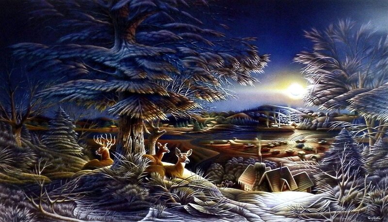 Deer in Winter Forest — Blue, Serene, Night, Painting