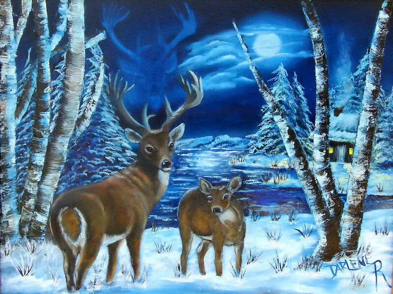 Deer in Winter Forest — Blue, Serene, Night