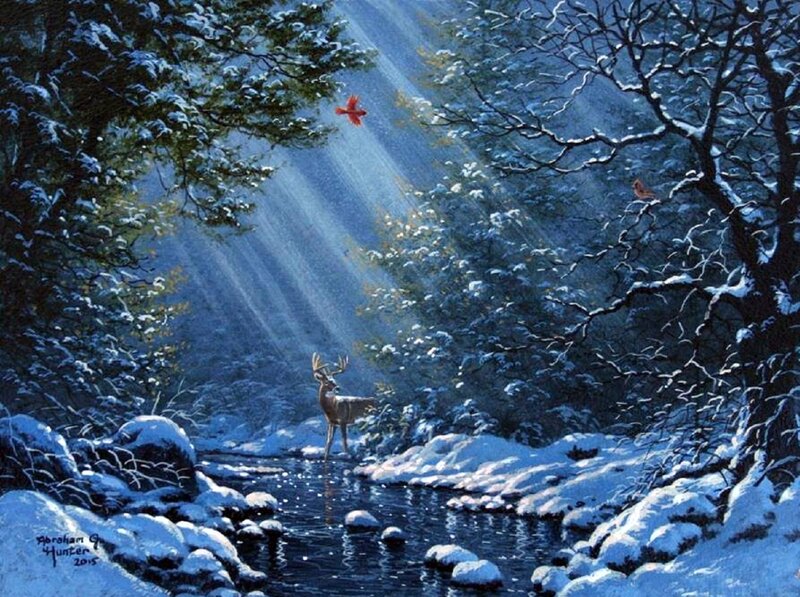Deer in Winter Forest — Blue, Serene, Painting, Bird