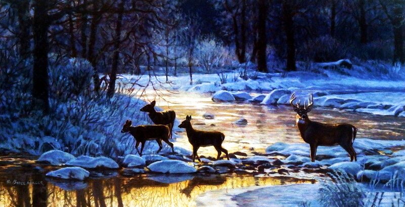 Deer in Winter Forest — Blue, Serene, Painting
