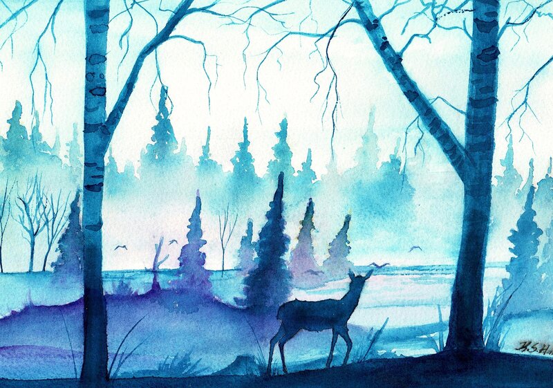 Deer in Winter Forest — Blue, Serene, Painting, Trees