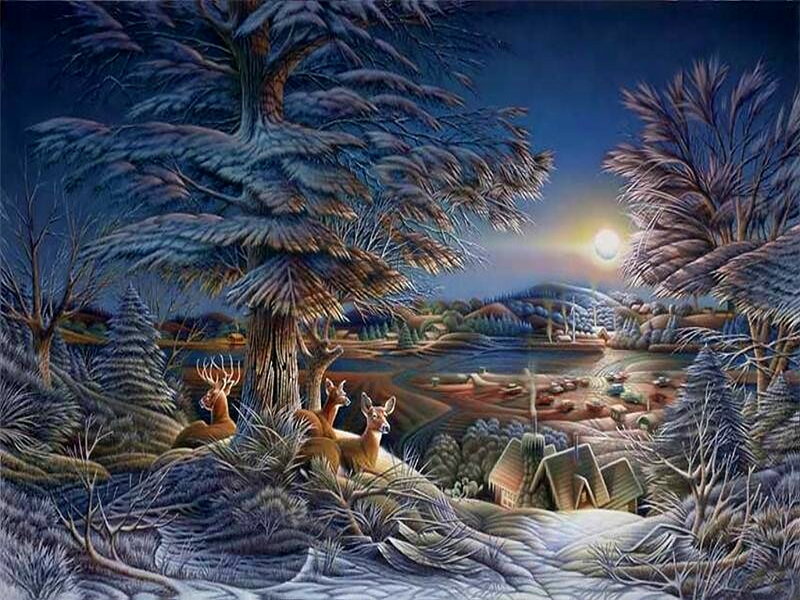Deer in Winter Forest — Blue, Serene
