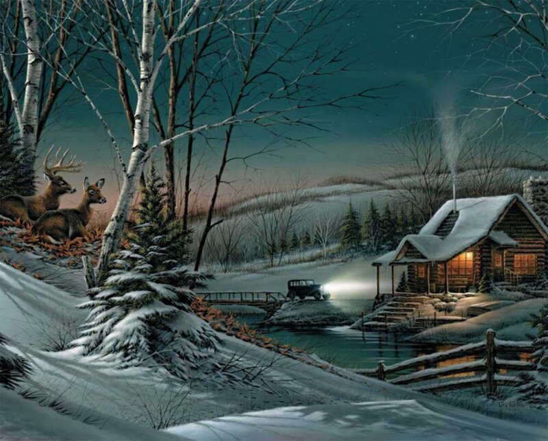 Deer in Winter Forest — White, Serene, Night