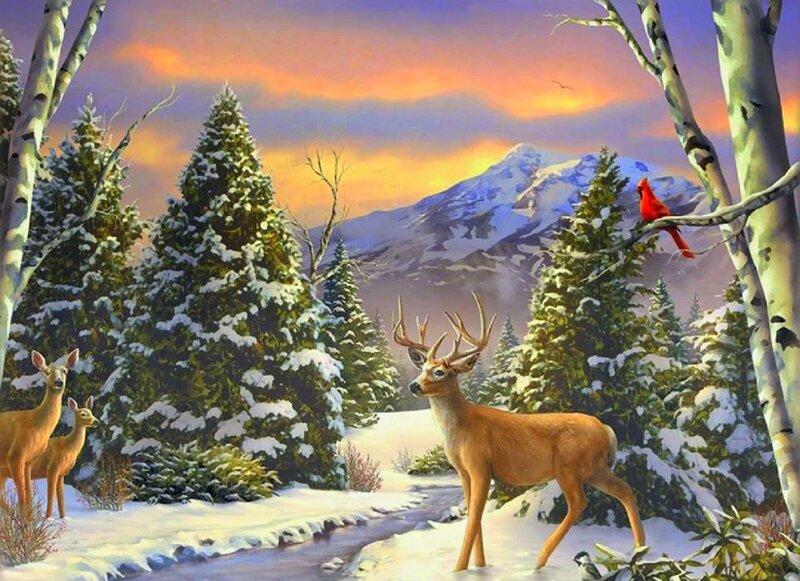 Deer in Winter Forest — White, Serene, Painting, Cardinal