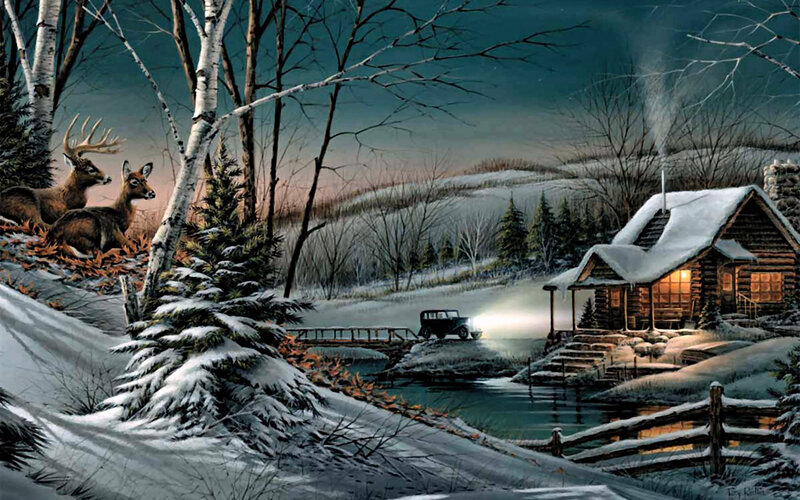 Deer in Winter Forest — White, Serene, Painting