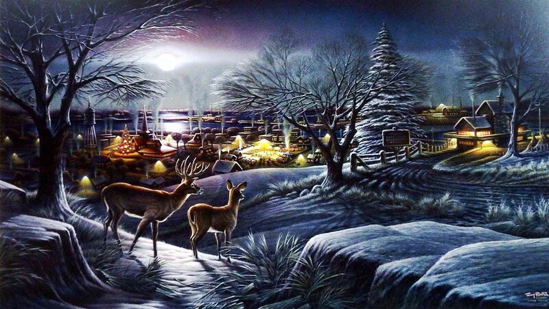 Deer in Winter Landscape — Blue, Serene, Night, Painting