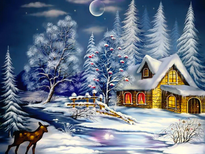 Deer in Winter Landscape — Blue, Serene, Night