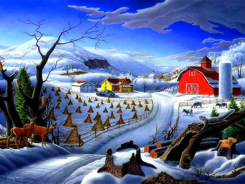 Deer in Winter Landscape — Blue, Serene, Painting