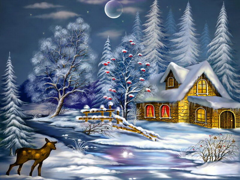 Deer in Winter Landscape — Blue, Serene