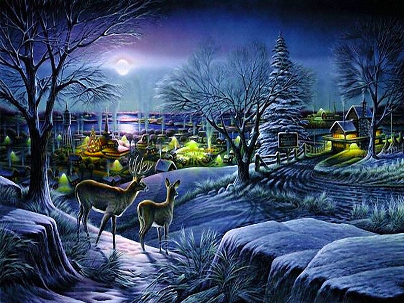 Deer in Winter Landscape — Blue