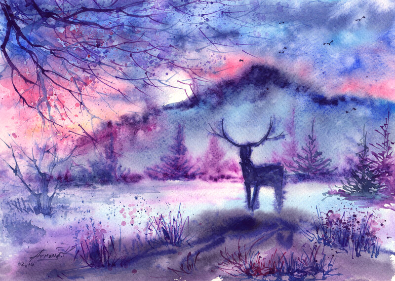Deer in Winter Landscape — Purple, Serene
