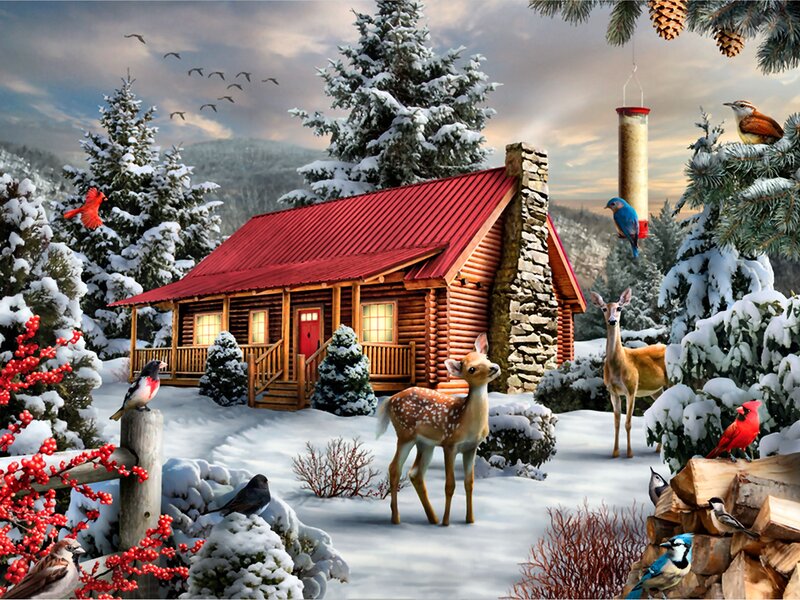 Deer in Winter Landscape — White, Serene, Digital Art, Birds