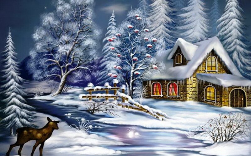Deer in Winter Landscape — White, Serene, Night, Digital Art