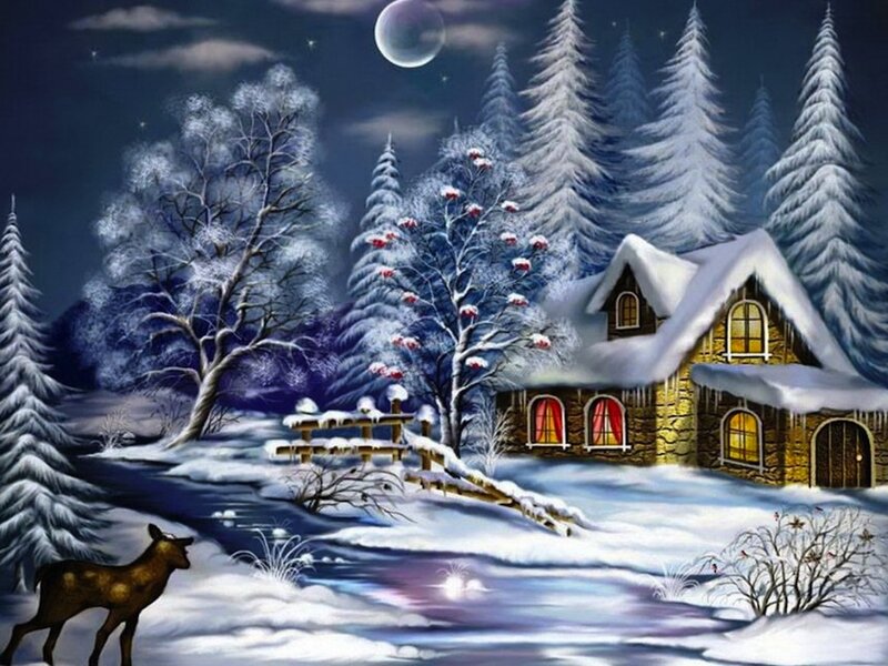 Deer in Winter Landscape — White, Serene, Night