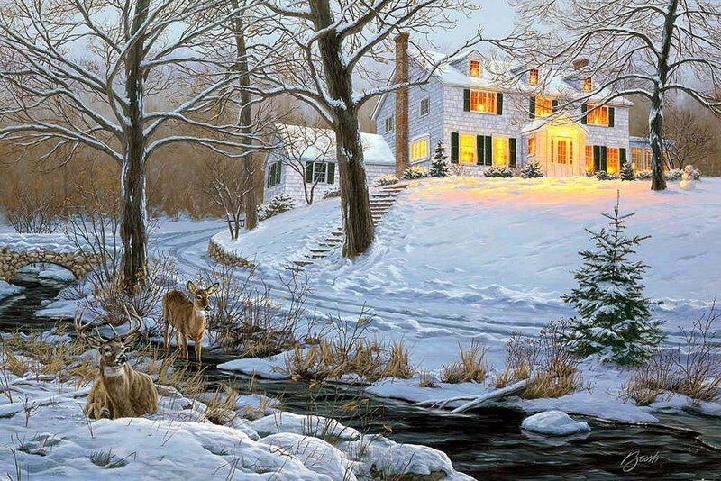 Deer in Winter Landscape — White, Serene, Painting
